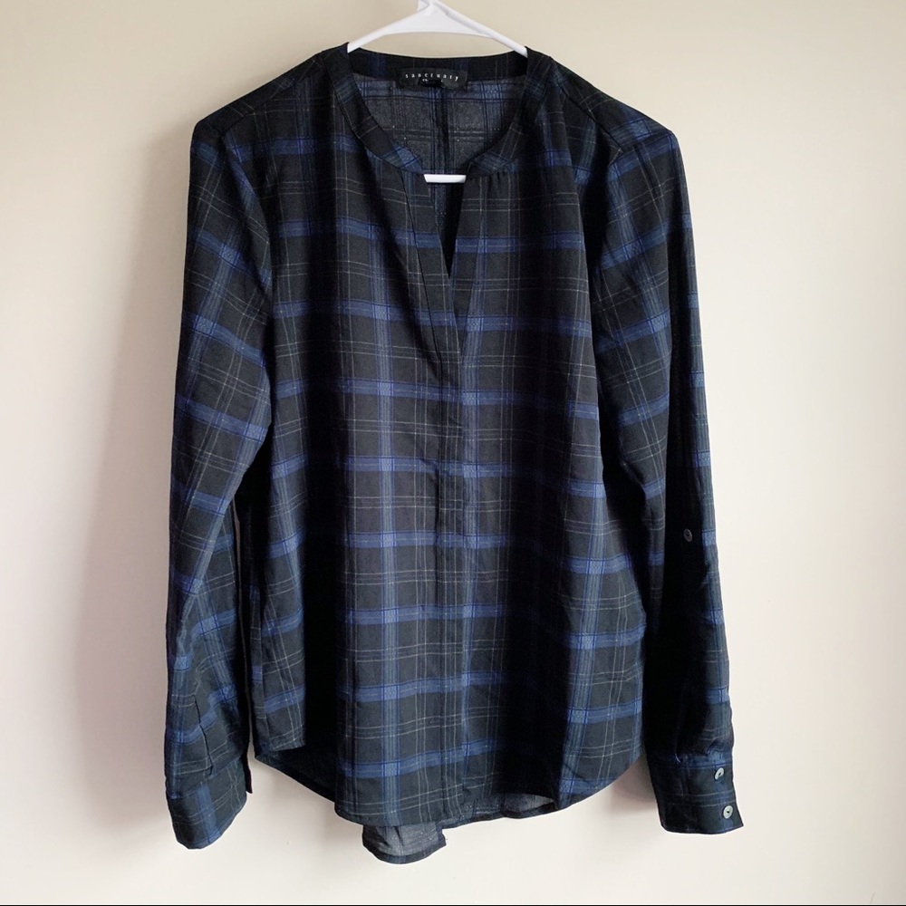 Sanctuary Blue Black Plaid Hidden Button Blouse Long Sleeve
